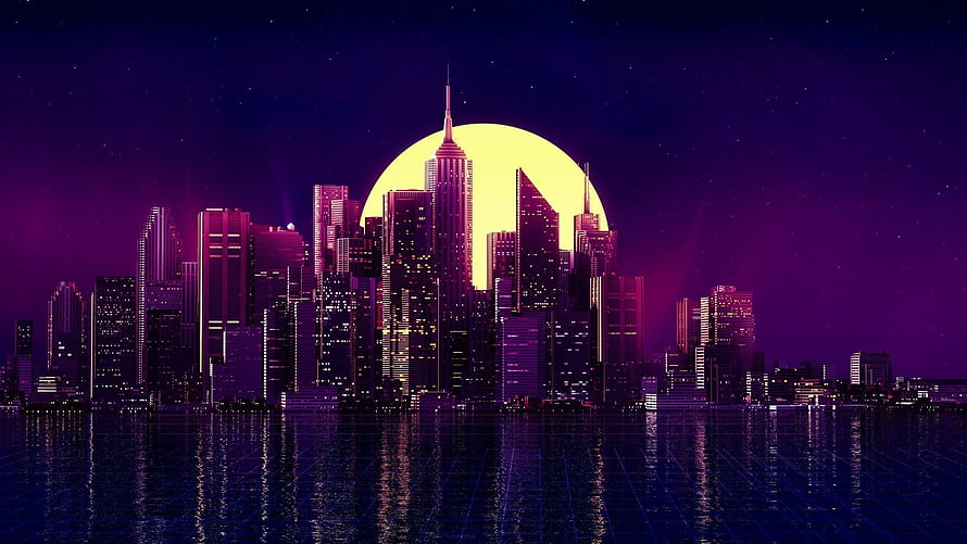 Neon purple and yellow retro-futuristic cityscape with skyscrapers and a large sun reflecting on water HD wallpaper