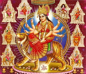 Maa Sherawali Durga riding a tiger with eight arms and surrounding goddess forms HD wallpaper
