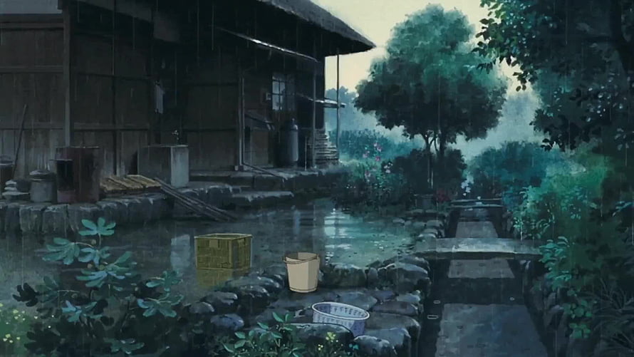 Rainy Japanese Village Courtyard with Traditional Wooden House and Lush Greenery HD wallpaper