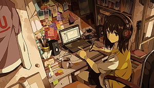 Anime Girl Working on Digital Art at Cluttered Desk with Headphones and Laptop HD wallpaper