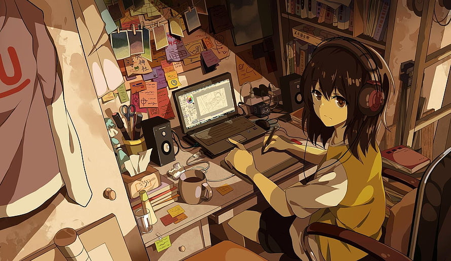 Anime Girl Working on Digital Art at Cluttered Desk with Headphones and Laptop HD wallpaper