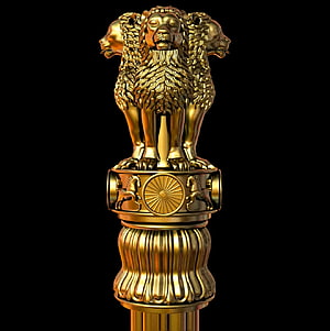 Golden Ashoka Lion Capital 3D Render with Dharma Wheel and Horses on Black Background HD phone wallpaper