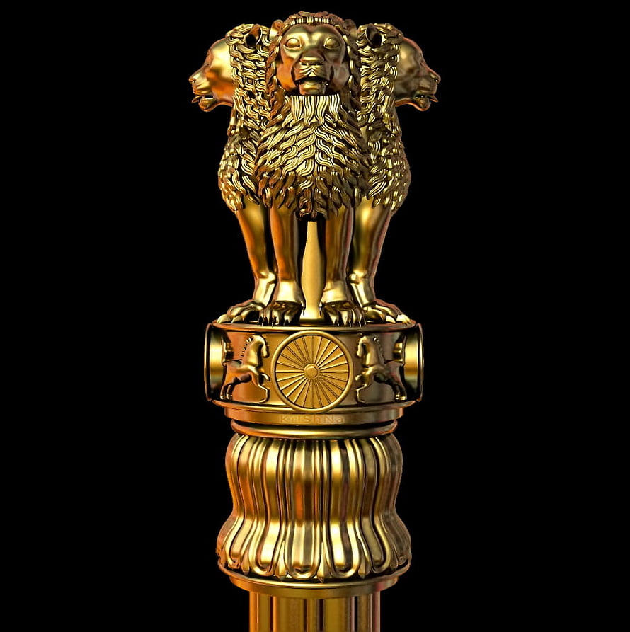 Golden Ashoka Lion Capital 3D Render with Dharma Wheel and Horses on Black Background HD phone wallpaper