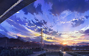 Anime Style Sunset Sky Over Suburban Landscape With Power Lines And Mountains HD wallpaper