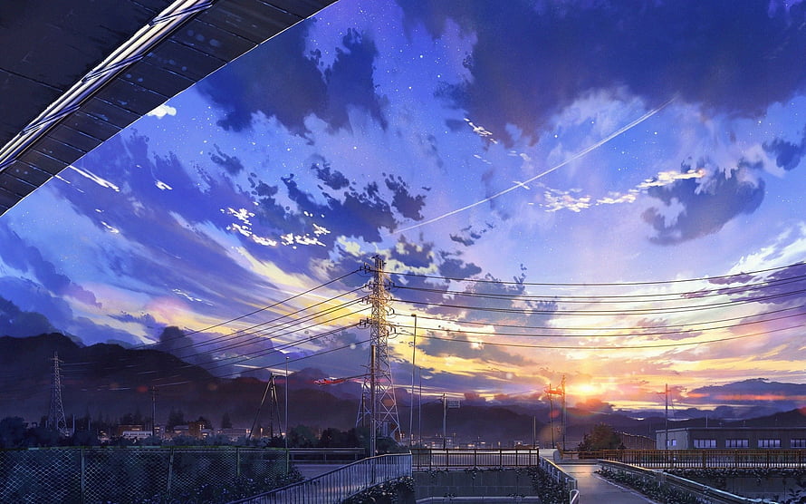 Anime Style Sunset Sky Over Suburban Landscape With Power Lines And Mountains HD wallpaper