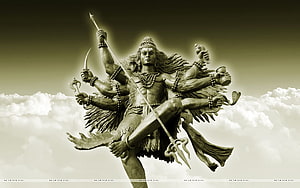 Lord Kaal Bhairav Multi-Armed Deity Statue in Sepia Tone Against Cloudy Sky HD wallpaper