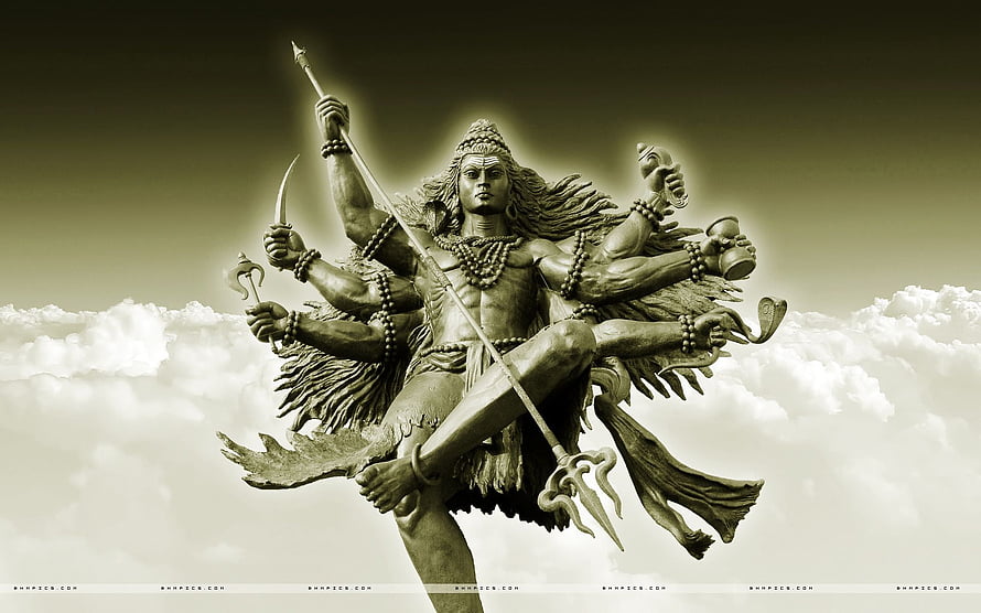 Lord Kaal Bhairav Multi-Armed Deity Statue in Sepia Tone Against Cloudy Sky HD wallpaper