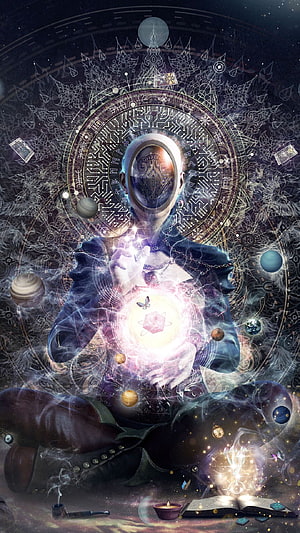 Mystical Astronaut Meditating with Cosmic Orbs and Celestial Planets in Surreal Spiritual Art HD phone wallpaper