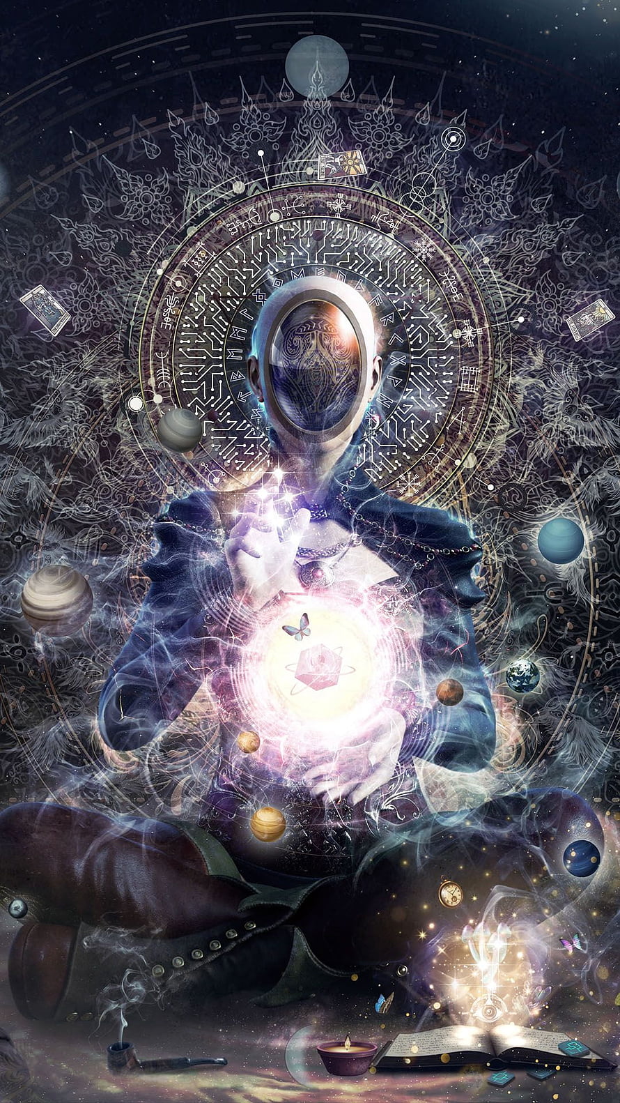 Mystical Astronaut Meditating with Cosmic Orbs and Celestial Planets in Surreal Spiritual Art HD phone wallpaper