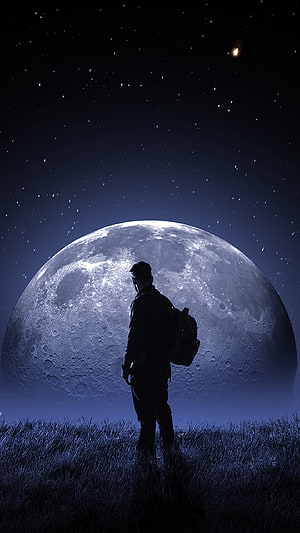 Silhouette of a traveler with a backpack standing in a grassy field beneath a massive full moon and starry night sky HD phone wallpaper