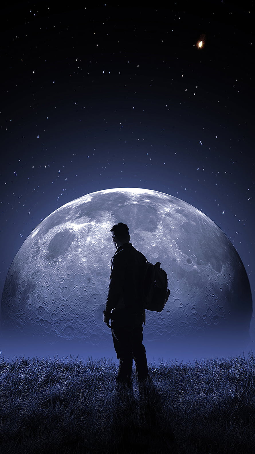 Silhouette of a traveler with a backpack standing in a grassy field beneath a massive full moon and starry night sky HD phone wallpaper
