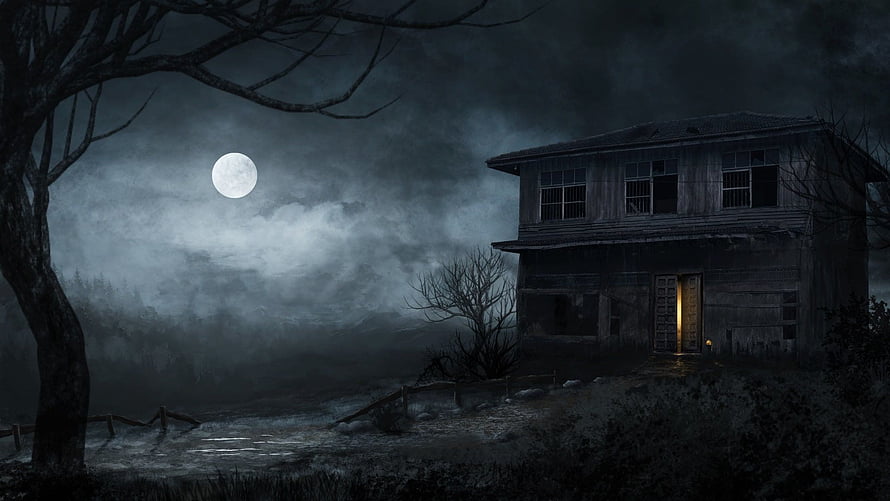 Eerie Abandoned House Under a Full Moon in a Misty Nighttime Forest HD wallpaper