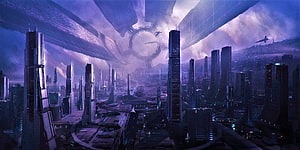 Mass Effect Citadel Cityscape with Towering Skyscrapers and Central Ring Structure HD wallpaper
