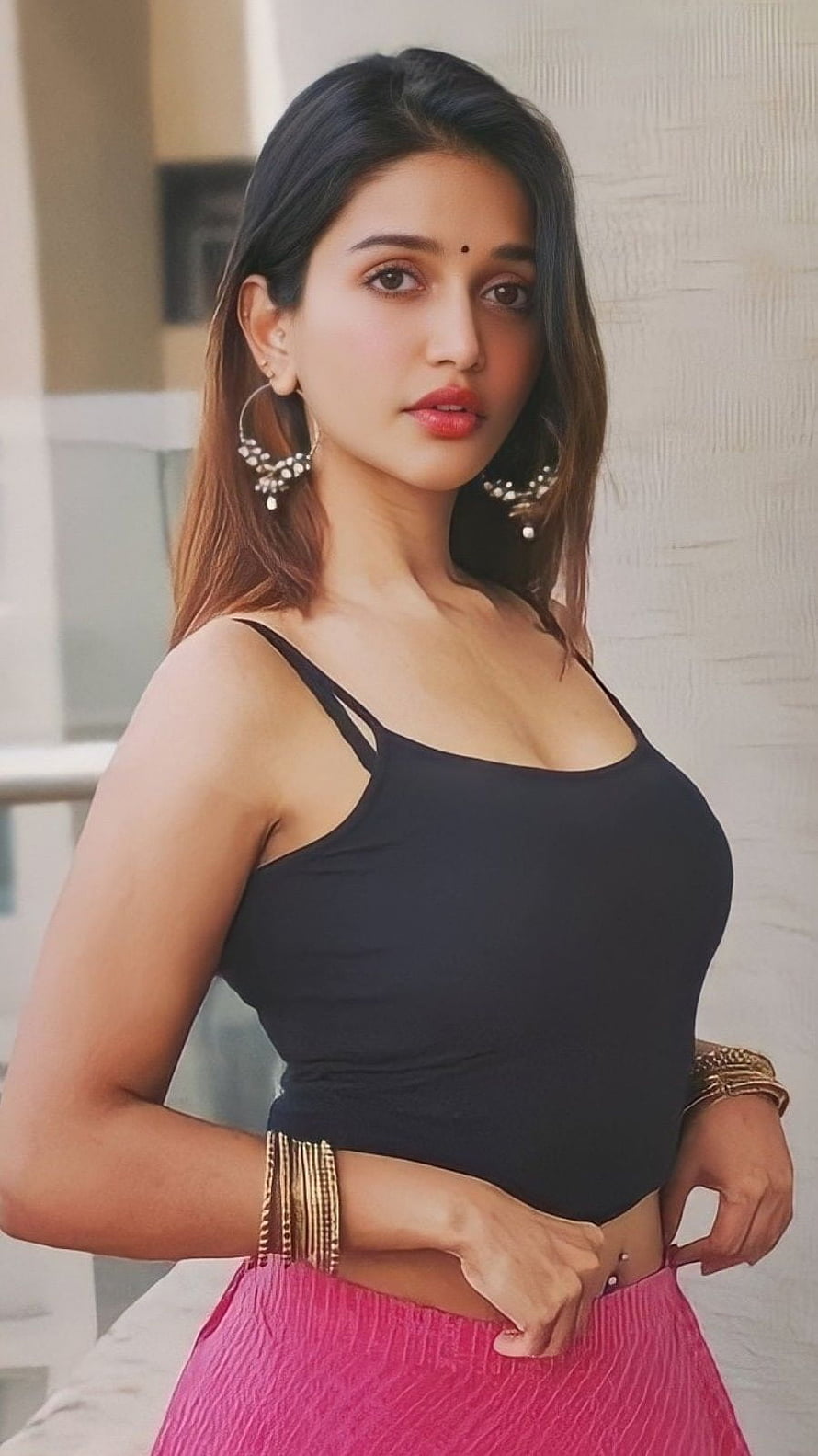 Anaika Soti in Black Cami Top and Pink Skirt with Gold Jewelry HD phone wallpaper