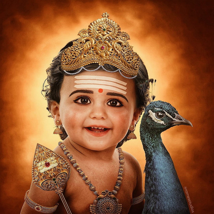 Baby Lord Krishna with Peacock and Golden Crown Portrait HD phone wallpaper