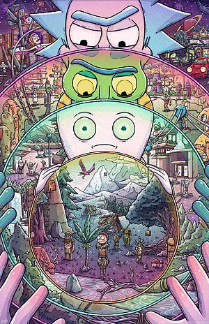 Rick and Morty Multiverse Poster Featuring Layered Character Faces and Diverse Sci-Fi Worlds HD phone wallpaper