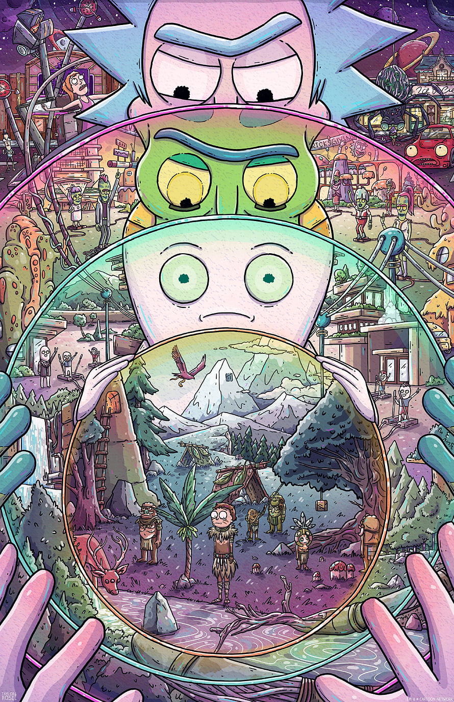 Rick and Morty Multiverse Poster Featuring Layered Character Faces and Diverse Sci-Fi Worlds HD phone wallpaper