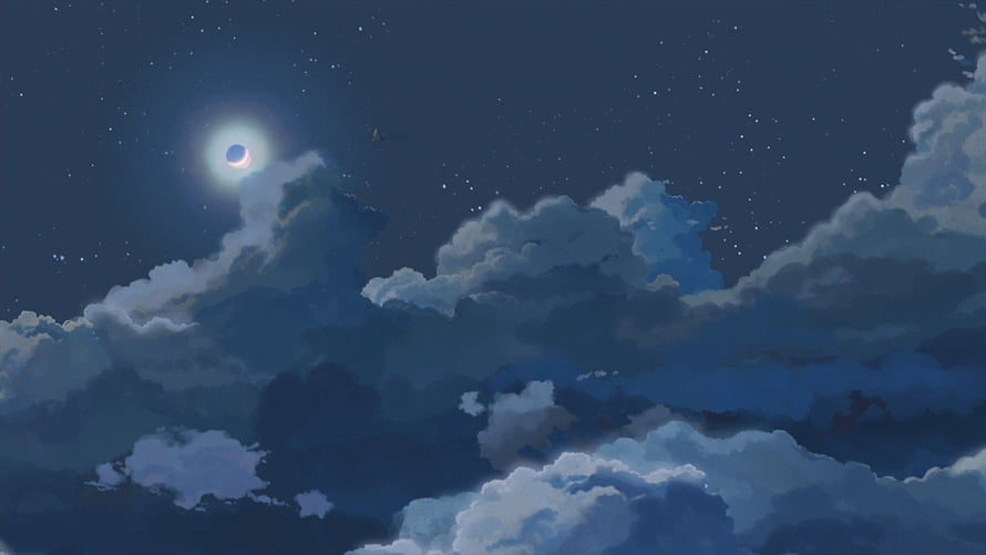 90s Anime Style Night Sky with Eclipse and Clouds HD wallpaper