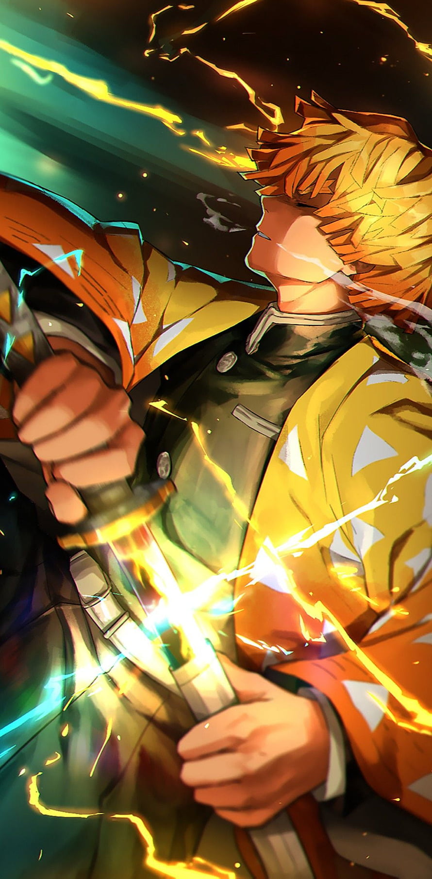 Zenitsu Agatsuma wielding Thunderclap and Flash sword with lightning aura HD phone wallpaper