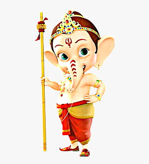 Cute 3D Bal Ganesha Cartoon Illustration with Staff and Traditional Attire HD phone wallpaper