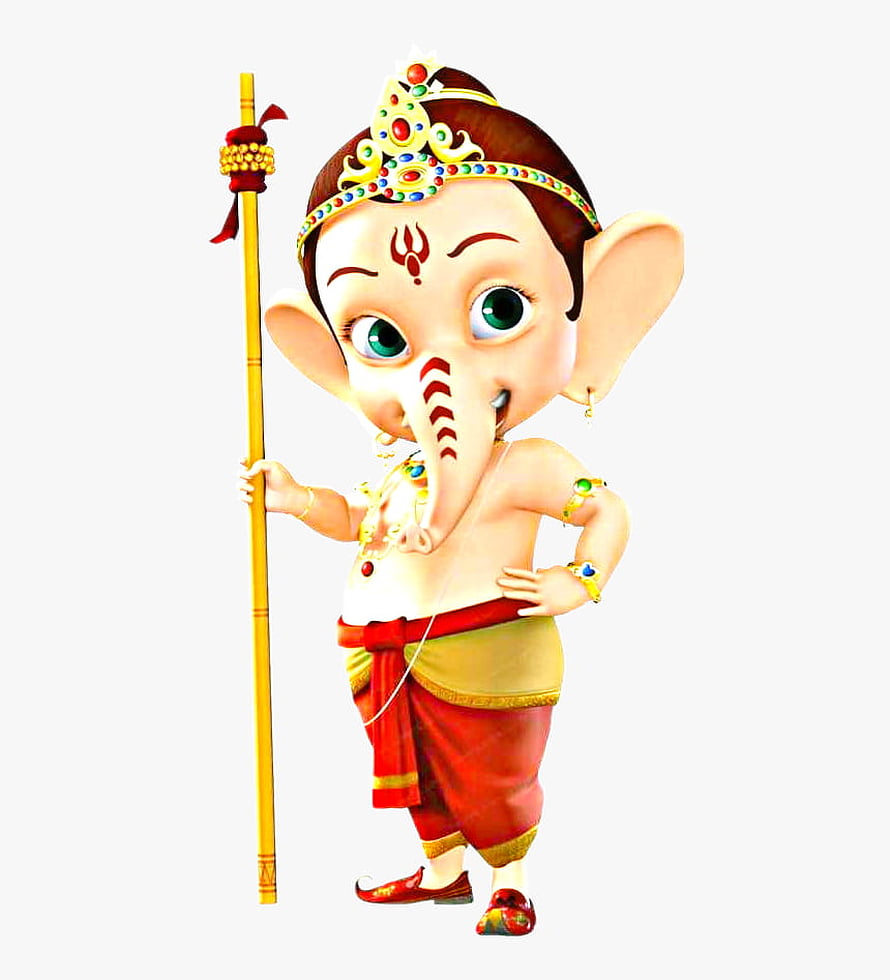 Cute 3D Bal Ganesha Cartoon Illustration with Staff and Traditional Attire HD phone wallpaper