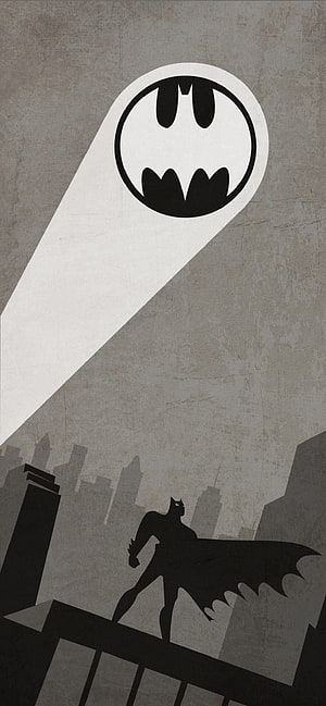 Batman Silhouette on Rooftop with Bat-Signal Beam Over City Skyline in Monochrome Style, Batman: The Animated Series Red , Black and Grey Batman HD phone wallpaper