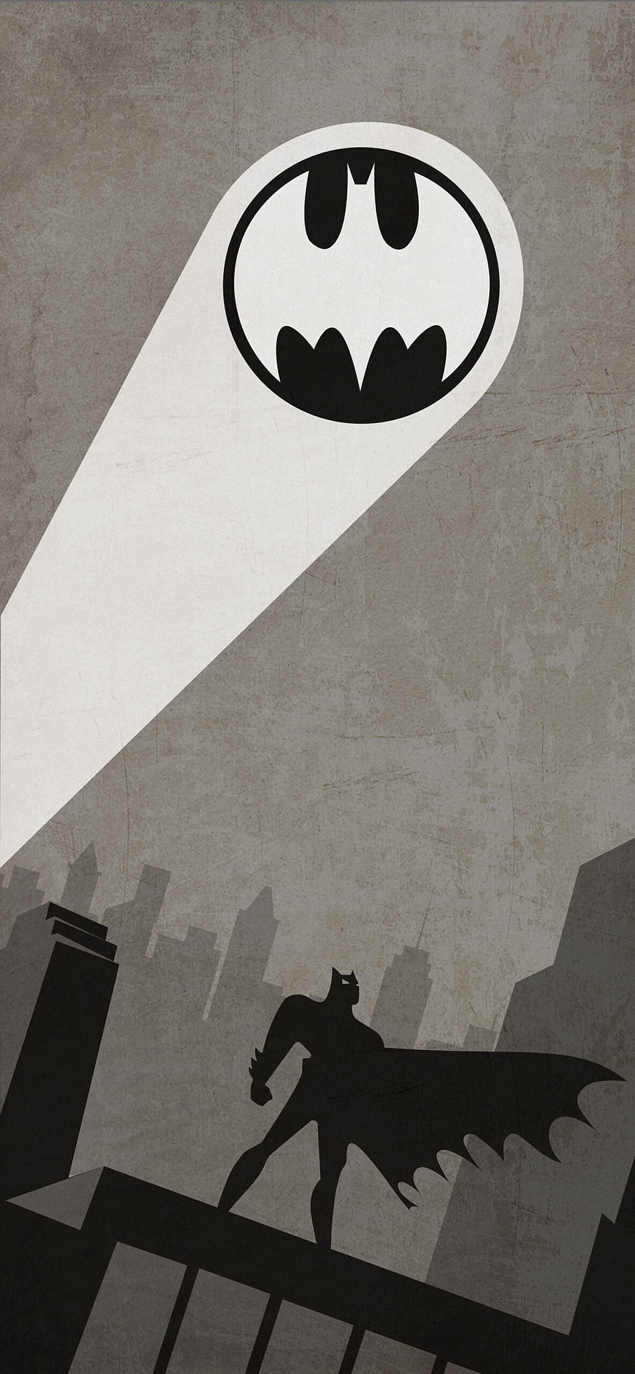 Batman Silhouette on Rooftop with Bat-Signal Beam Over City Skyline in Monochrome Style, Batman: The Animated Series Red , Black and Grey Batman HD phone wallpaper
