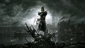 Evil Within 2 Concept Art: Detective Sebastian Castellanos Standing on Debris in Dark Industrial City HD wallpaper