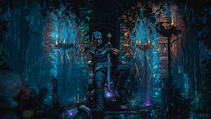 Geralt of Rivia Seated on Throne in Dark Overgrown Ruins from The Witcher HD wallpaper