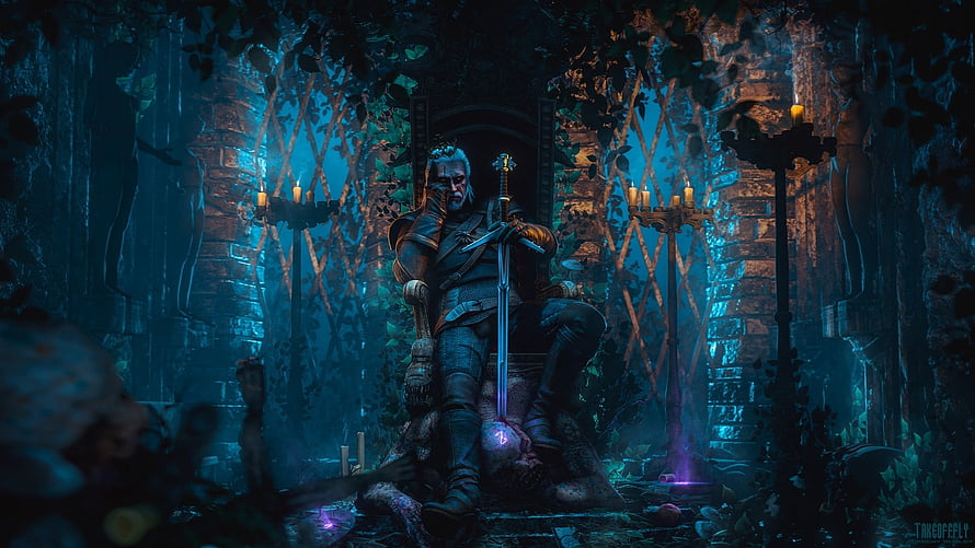 Geralt of Rivia Seated on Throne in Dark Overgrown Ruins from The Witcher HD wallpaper