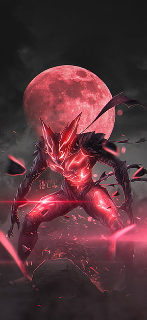 Garo from One Punch Man in Dark Armor Under a Blood Moon, one punch man, red, garo, saitama, opm, onepunchman HD phone wallpaper