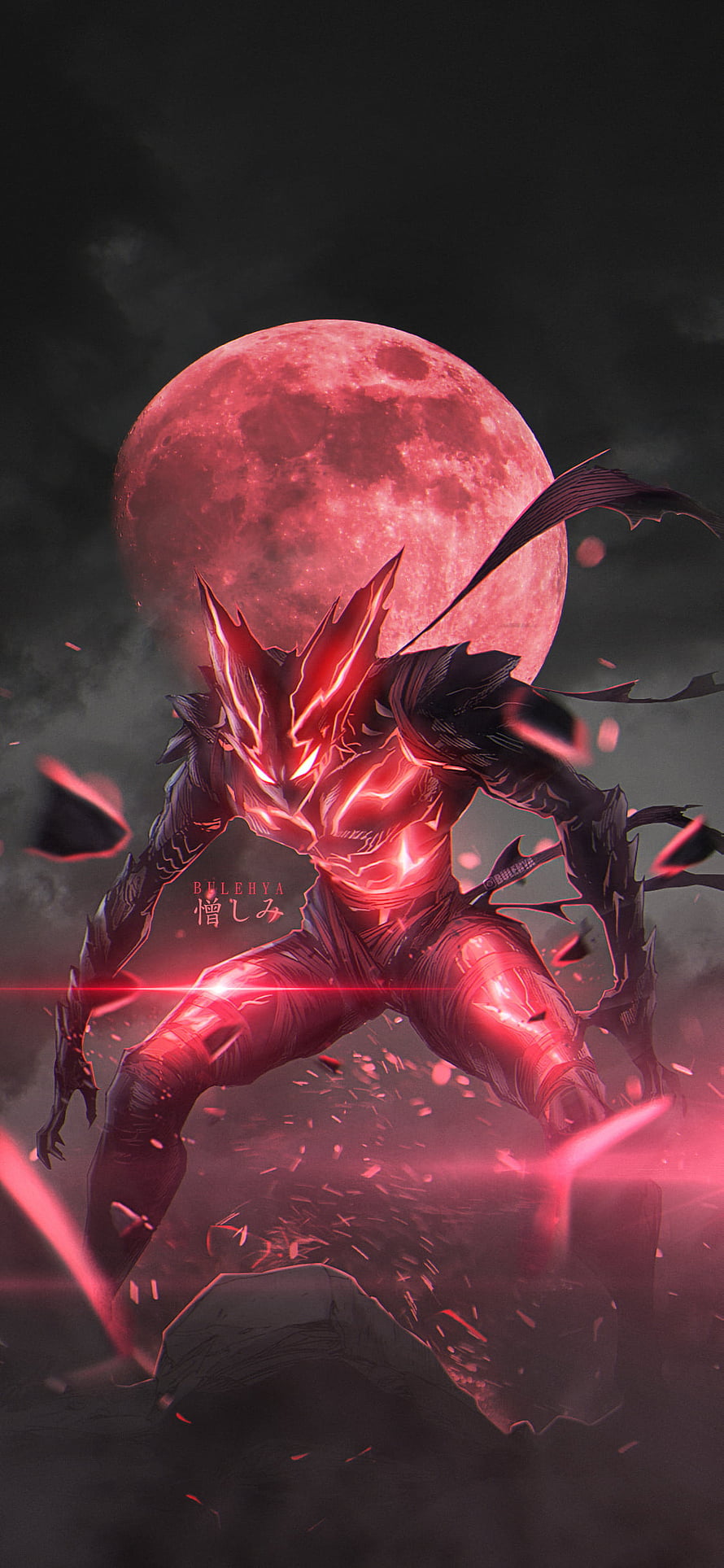 Garo from One Punch Man in Dark Armor Under a Blood Moon, one punch man, red, garo, saitama, opm, onepunchman HD phone wallpaper