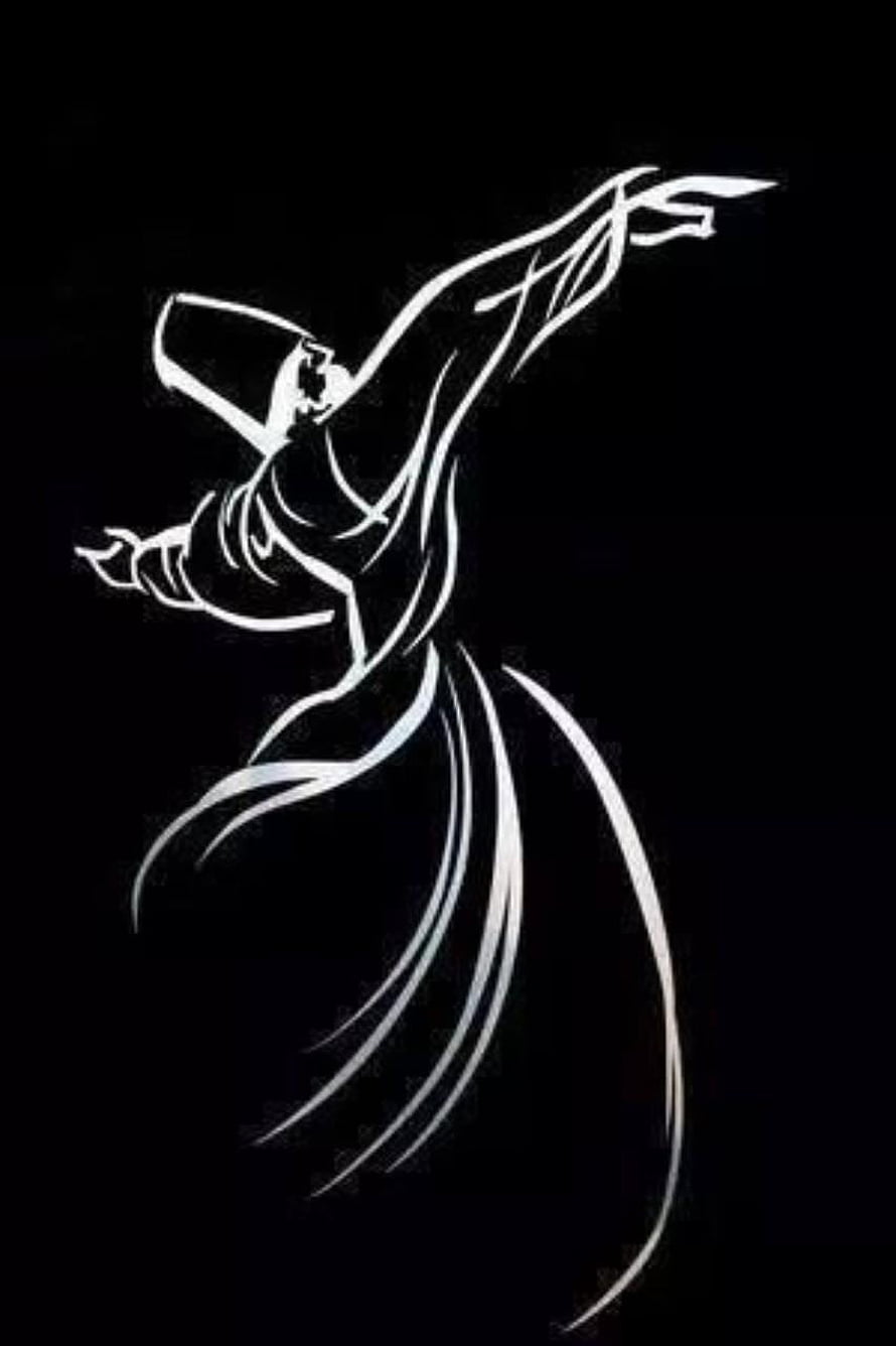 Minimalist White Line Art of a Sufi Dervish Whirling in Flowing Robes on Black Background HD phone wallpaper