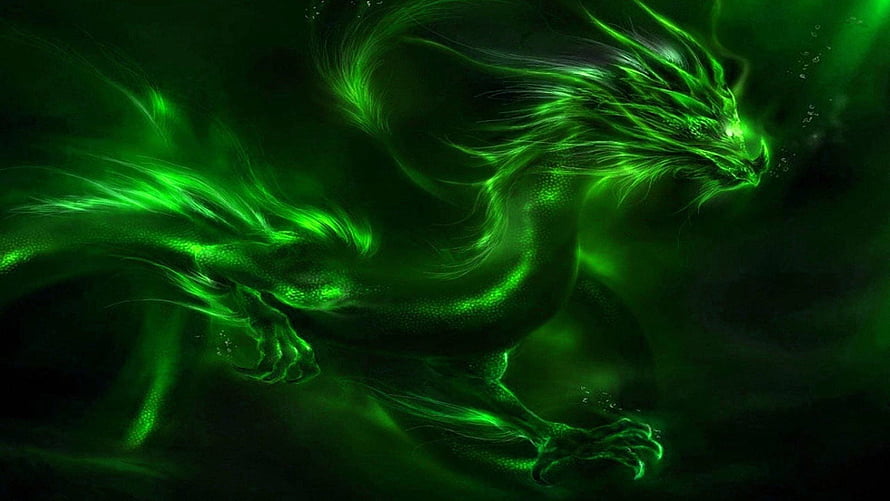 Glowing Neon Green Dragon with Fiery Energy and Dark Fantasy Style HD wallpaper