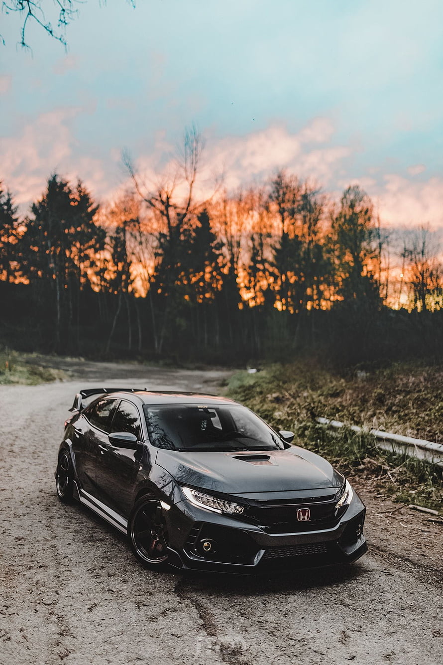 Black Honda Civic Type R Hatchback Parked on Gravel Road at Sunset HD phone wallpaper