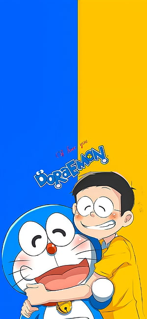 Doraemon and Nobita Hugging on a Split Blue and Yellow Background HD phone wallpaper