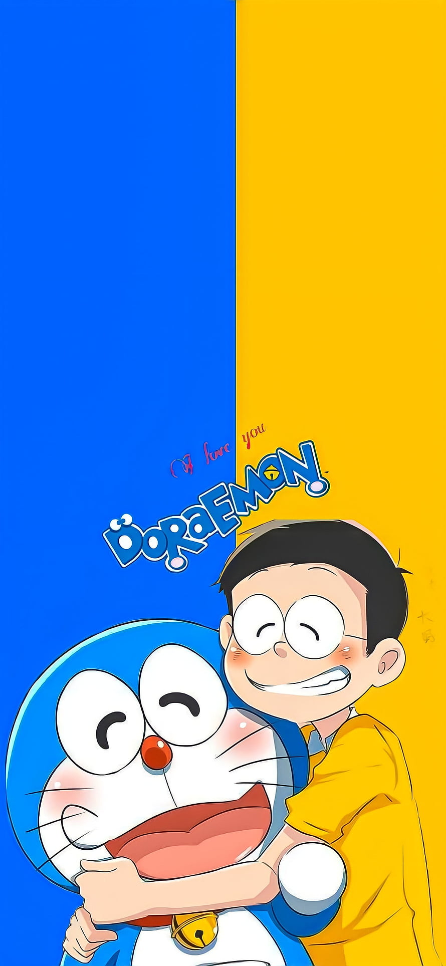 Doraemon and Nobita Hugging on a Split Blue and Yellow Background HD phone wallpaper