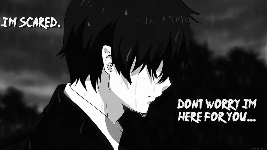 Monochrome Anime Boy in Rain with Emotional Quote Text HD wallpaper