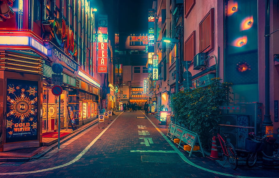 Neon-Lit Tokyo Alleyway at Night with Pachinko Parlor and Japanese Signage HD wallpaper