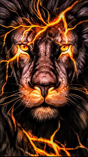 Majestic Black Lion Portrait with Fiery Orange Lightning Veins and Glowing Amber Eyes HD phone wallpaper
