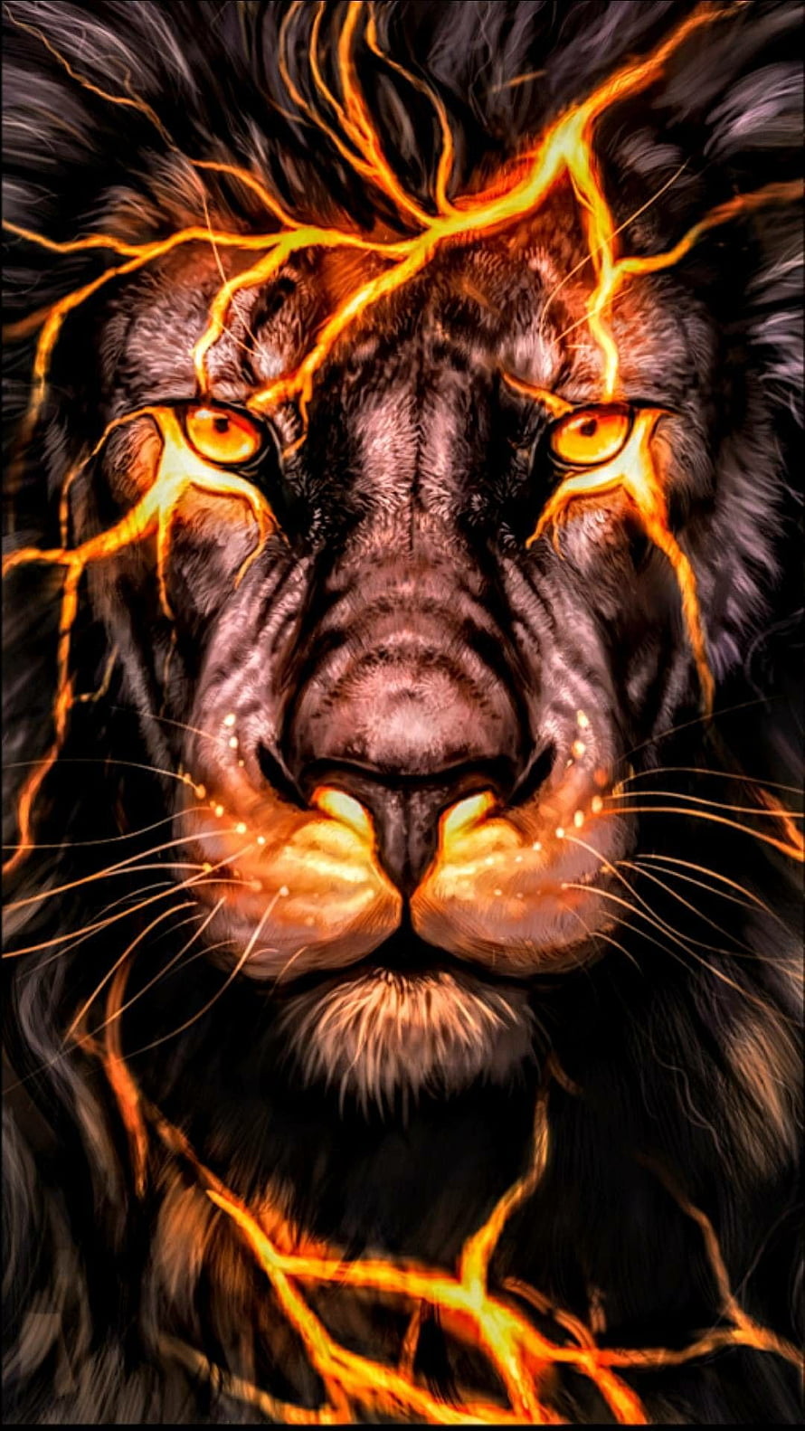 Majestic Black Lion Portrait with Fiery Orange Lightning Veins and Glowing Amber Eyes HD phone wallpaper
