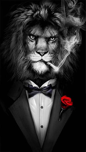 Distinguished Lion in Tuxedo Smoking Cigar with Red Rose HD phone wallpaper