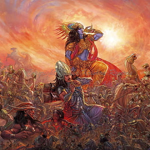Krishna and Arjuna on the Battlefield of Kurukshetra in Epic Indian Mythology HD phone wallpaper
