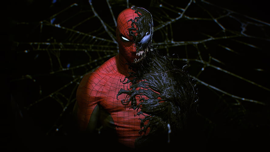 Spider-Man and Venom Symbiote Fusion in Dark Web Background, Spider-man inside venom, art HD wallpaper