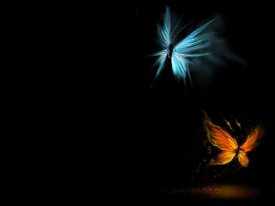 Glowing Blue and Orange Butterflies Flying in the Dark with Magical Sparkles HD wallpaper