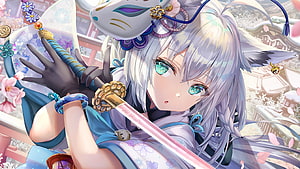 Shirakami Fubuki in Traditional Kimono Holding a Katana with Fox Mask HD wallpaper