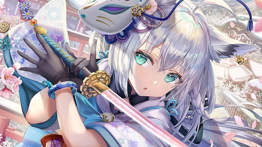 Shirakami Fubuki in Traditional Kimono Holding a Katana with Fox Mask HD wallpaper
