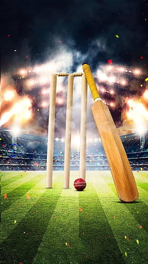 Cricket Bat and Stumps on a Stadium Pitch with Fireworks and Confetti HD phone wallpaper