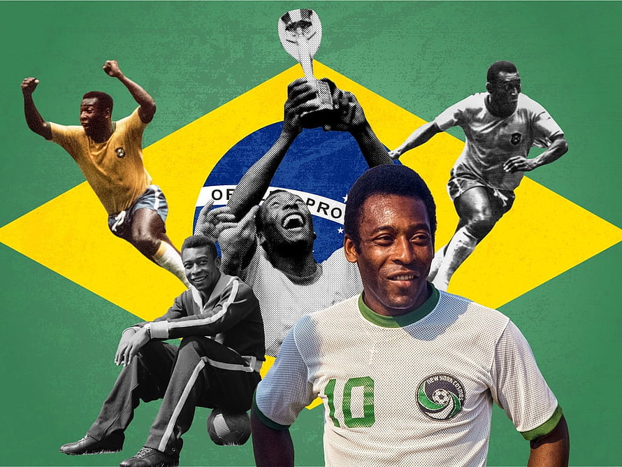 Pelé Brazil National Team Collage with World Cup Trophy and Flag Background HD wallpaper