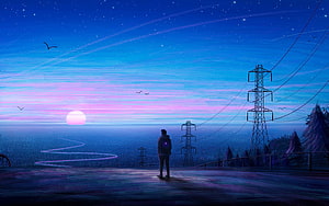 Lone Figure Gazing at Neon Sunset Over Cityscape with Power Lines HD wallpaper